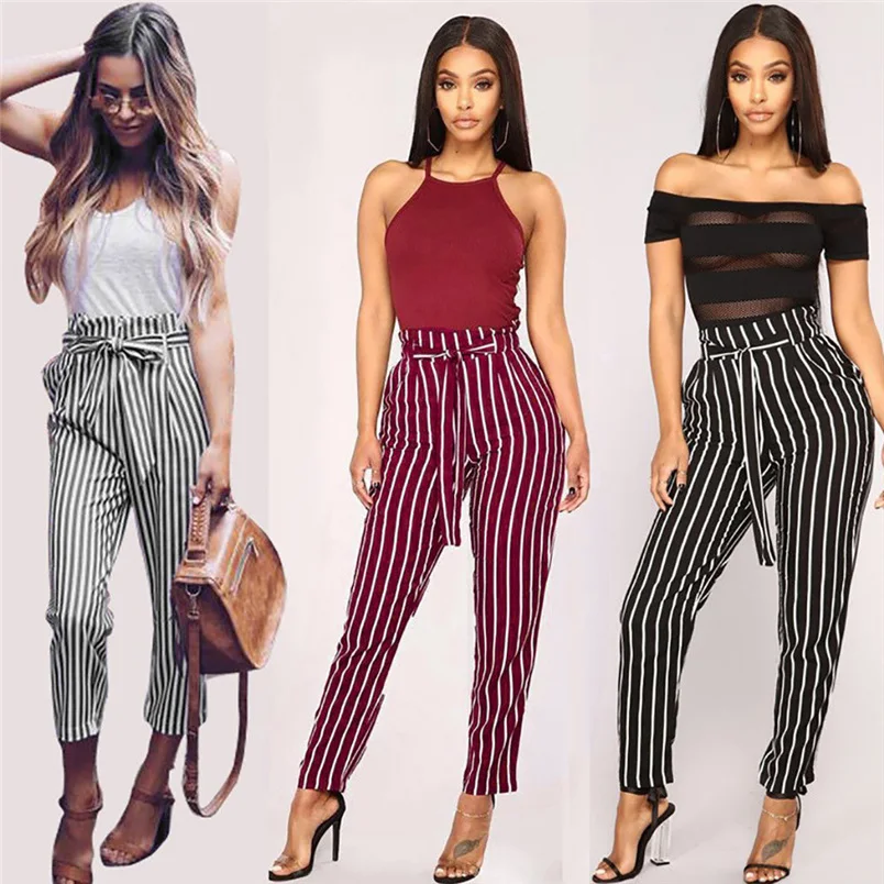 Women Pants 2018 Summer New High Waist Harem Pants Ladies Elegant Bowtie Elastic Waist Fashion Striped Casual Long Pants #J22 (30)