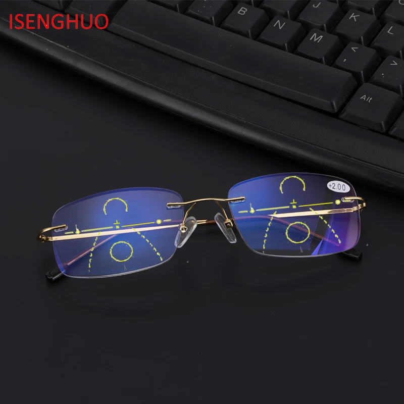 

ISENGHUO Alloy Reading Glasses Women Computer Presbyopic Eyewear Multifocal Progressive Eyeglasses Anti Blue Light Glasses men