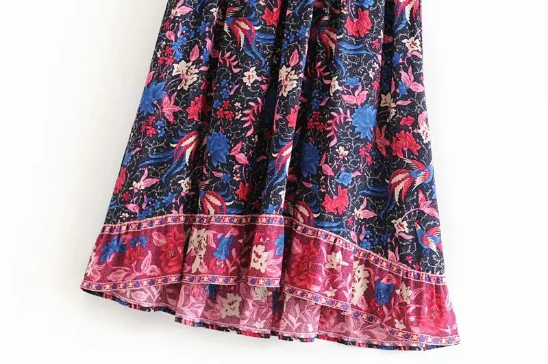 Vintage chic women Hippie birds floral print beach Bohemian pleated skirt High Elastic Waist Maxi A-Line Boho Skirt Femme