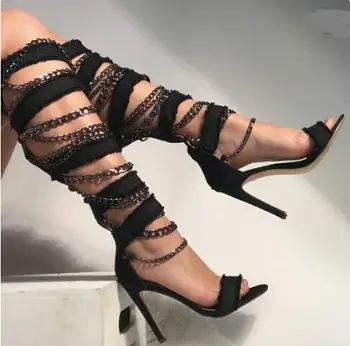 

Hot Selling Black Blue Jeans Sandal Boots 2019 Summer Sexy Open Toe Chains Decorations High Heel Knee High Boots Woman