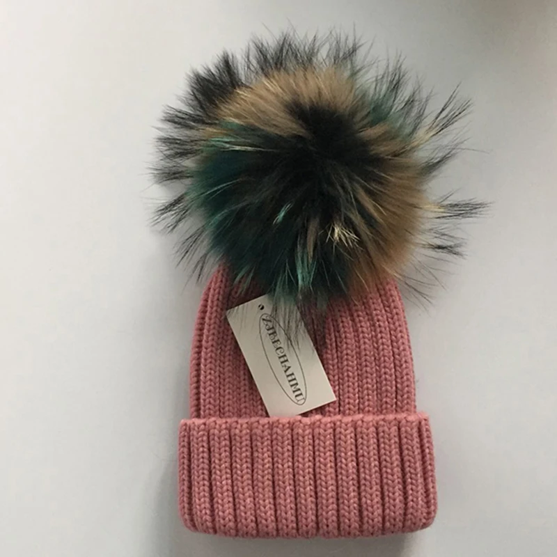 Модная новинка, помпоны из натурального Лисьего меха и норки, 15 см, Skullies Beanies, шапки для женщин и девочек, зимние шапки, детские шапки, шапка - Цвет: Women Pink