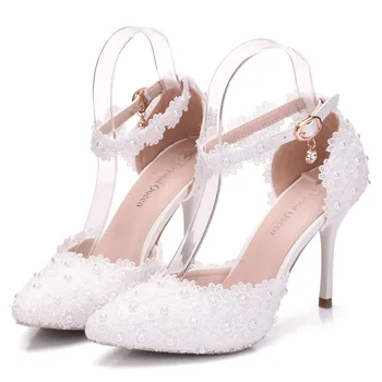 

Large Size White Lace Flower Wedding Shoes Bridal Shoes Wedding Dress Shoes Simple Versatile Fine heel High-Heeled Single Shoes