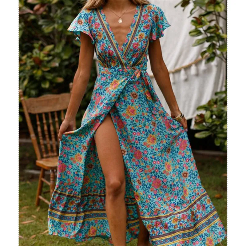 

New Fashion Women's Summer Boho Casual Long Maxi Dresses Ladies Beach Style Empire Dress Bohemian Short Sleeve V-Neck Sundress