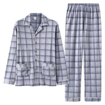 

Autumn Knitted Cotton Mens Pajama Set Striped Pajamas Long Sleeve Turn-down Collar Cardigan Plus Size Male Homewear Nightwear