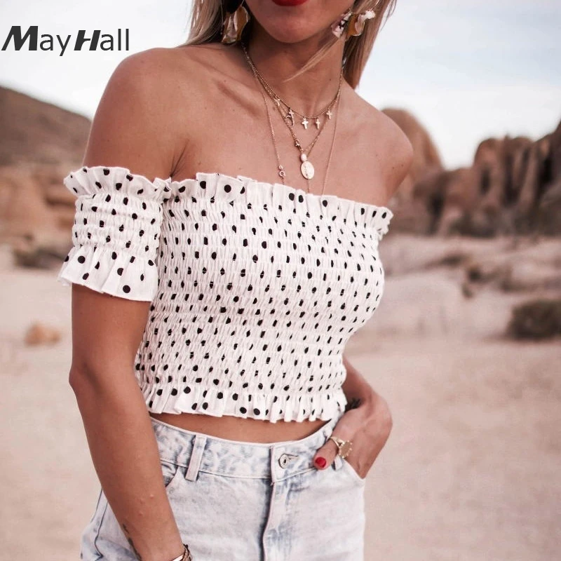 

Mayhall 2 Colors Polka Dot T Shirt Women Sexy Slash Neck Summer Ruffles Tube tops High Elastic Crop top camiseta feminina MH163