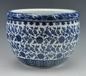 Chinese Antique Qing Qianlong Mark Blue And White Porcelain Ceramic Fish Bowl Flower Pot