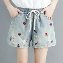 Горячие летние женские модные свободные прямые с вышивкой и эластичным поясом отверстие уличные джинсовые повседневные женские шорты рваные джинсы короткие брюки