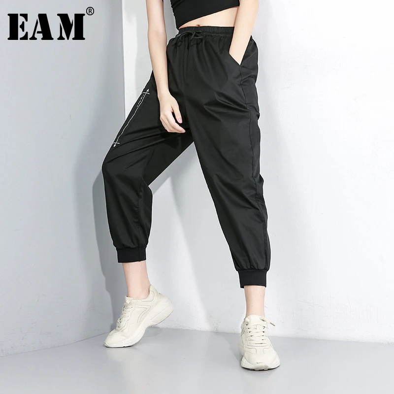 

[EAM] 2019 New Autumn Winter High Elastic Waist Loose black pocket split joint leisure harem Pants Women Trousers Fashion JX475