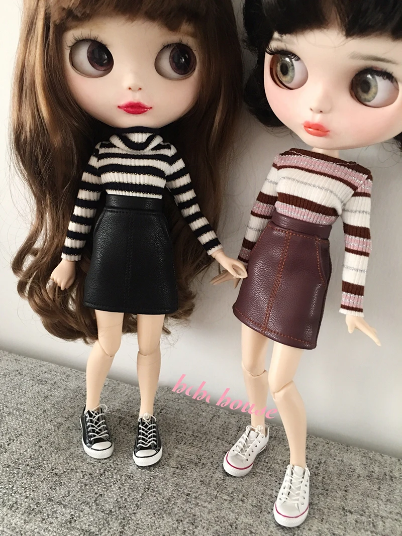 

New Elegant Blyth Doll Clothing Leather Skirt Stripe High collar shirt for blyth azone s ob24 dolls accessories clothes for doll