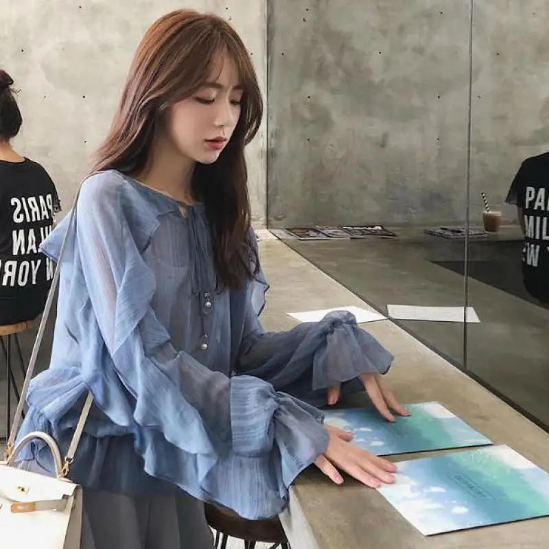 Vente 2019 Printemps Nouvelle Arrivée Modèle Coréen Volants Blouse Fée Tempérament Lâche Mousseline de Soie Chemise Pleine Manches À Volants Chemise Livraison Gratuite