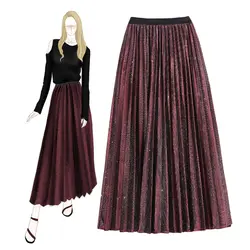 Ботильоны-Длина юбки бархатные плиссированные юбки с большим бантом красная длинная юбка для женщин