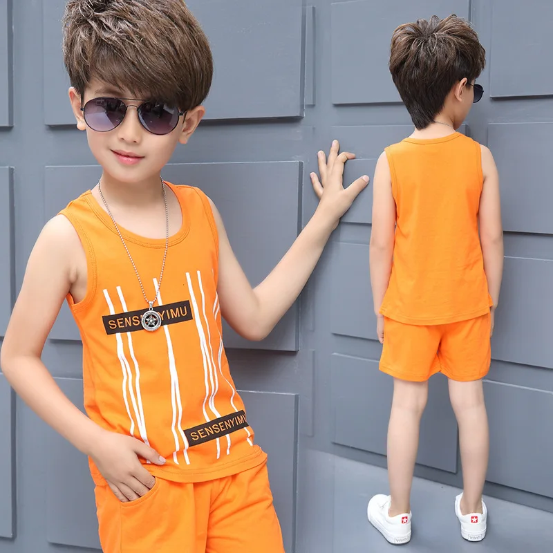 

2017 Summer New Boys Tank Top Sets Sleeveless Jumpers Soft Cotton Shirt With Shorts Pants Undershirt