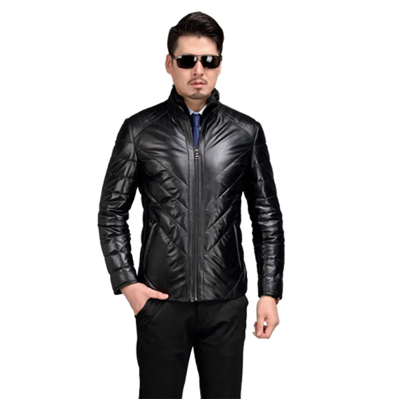 2019 Cheap Genuine Leather Jacket Men Winter Leather Jacket Thick White Duck Down Jackets And Coats With Mink Collar Stand Black