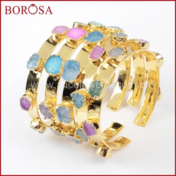 

BOROSA 1Piece Rainbow Agates Druzy Bangle Colorful 7 Stones Crystal Drusy Bracelet High Quality Druzy Bangle for Women G1098