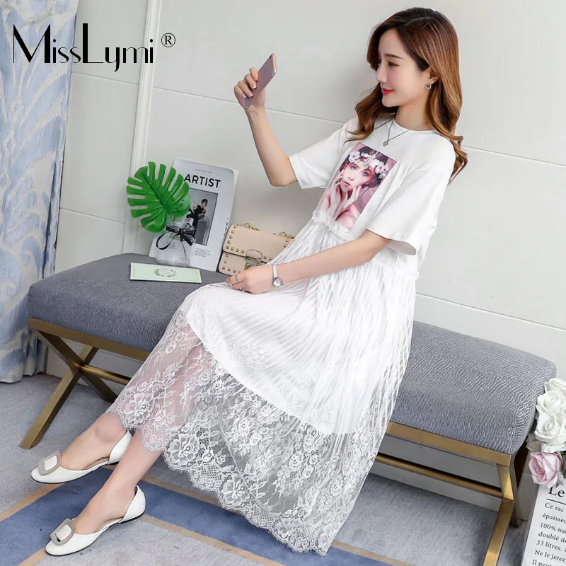 

M-4XL Plus Size Women Lace Dress Summer 2019 Beauty Girl Print Short Sleeve Cotton T shirt Patchwork Sexy Lace Midi Long Dresses