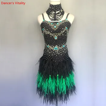 

Luxury Diamond Feather Latin dance Performance Dress 2018 New Girls Kids Women Latin Dance Tango Rumba Competition Clothing