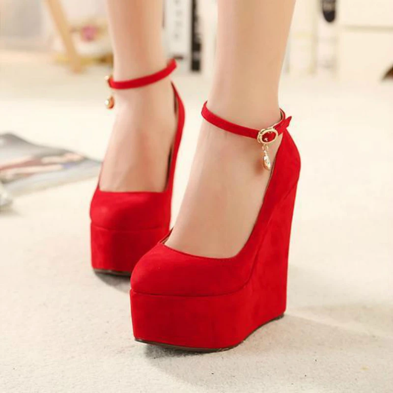 Flock wedges pumps large size female Custom high heels bride wedding shoes woman platform ankle strap party pumps women WSH2594 5