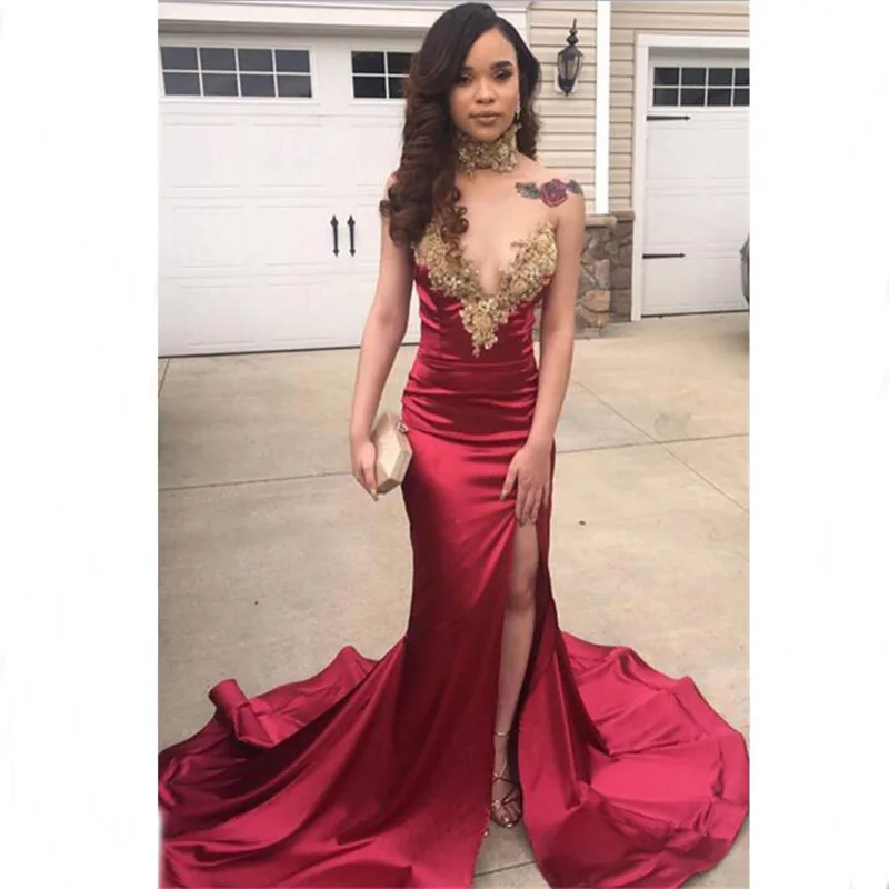 Elegant Burgundy Applique African Evening Gowns Mermaid Arabic Prom