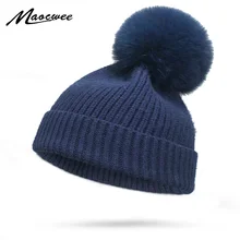 Натуральный мех лисы Pom англичане зимнюю шапку для Для женщин теплая шерсть шапочка вязаная шапка для девочки толстые женские шерсть Кепки бренд Skullies