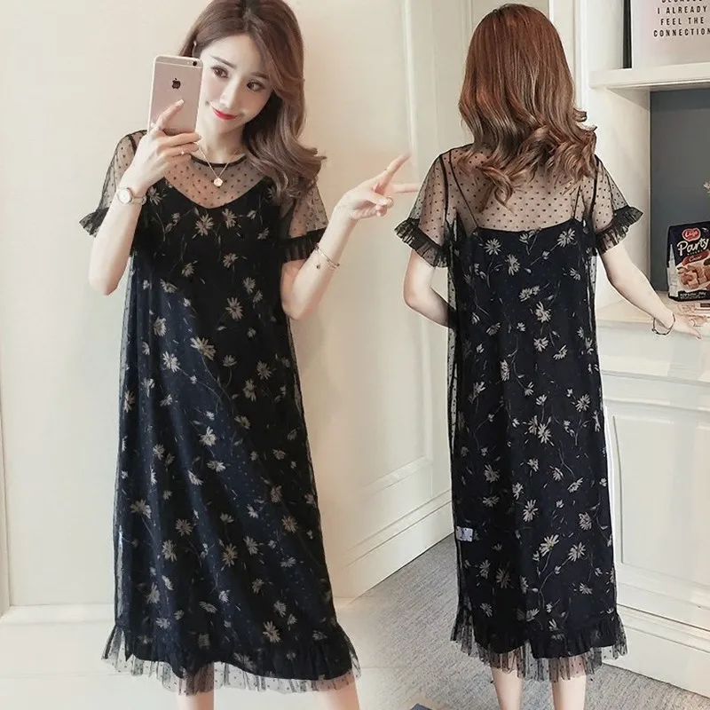 

AfeiTony Floral Print Chiffon Maternity Sling Long Dress with Net yarn dress Summer Fashion Clothes for Pregnant Women Pregnancy
