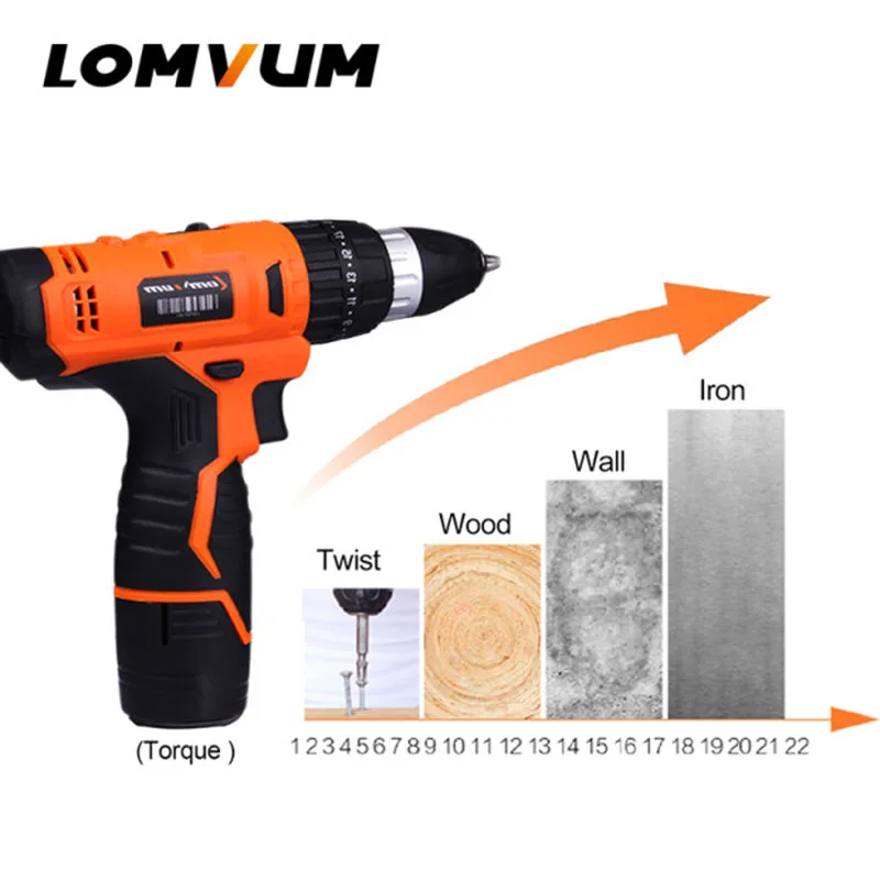 Lomvum 12 В беспроводные Электрические сверла двойной скорость ручной отвертка Электрический инструмент литий-ионных батарей