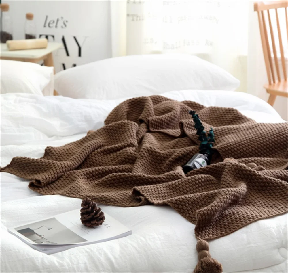 Enipate, нордическое акриловое одеяло с кисточками, вязаное одеяло для дивана, кровати, одеяло ручной работы, одеяло, путешествие самолет, покрывало, 4 цвета, 130*170 см - Цвет: Brown