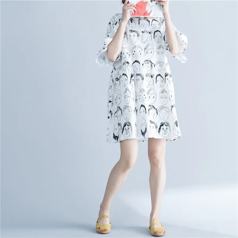 P Ammy/милый свободный рукав с принтом, хлопковое и льняное мини-платье больших размеров, летнее повседневное свободное платье-рубашка большого размера