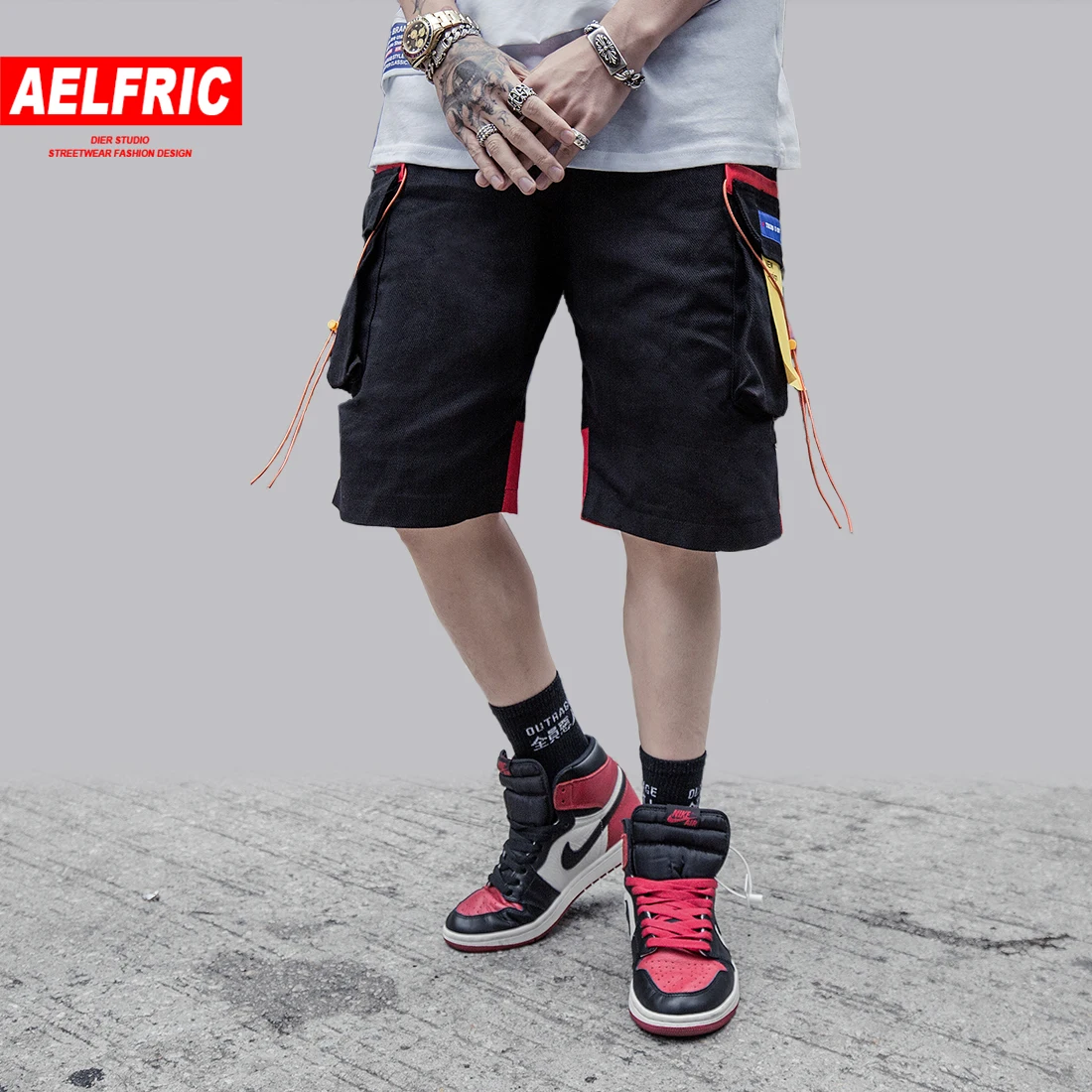 AELFRIC многоцветные шорты с карманами в стиле пэчворк для мужчин, летняя Уличная Повседневная одежда в стиле хип-хоп, мужские шаровары с эластичной резинкой на талии, шорты Карго