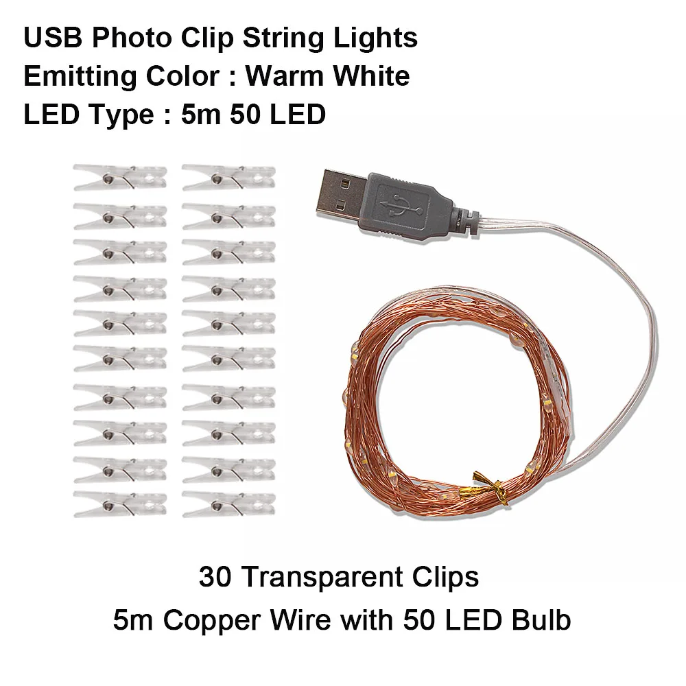 Фото клип USB светодиодный струнный светильник медный провод 10 м светодиодный Сказочный свет Рождественская гирлянда наружное/внутреннее украшение для дома Свадебная вечеринка