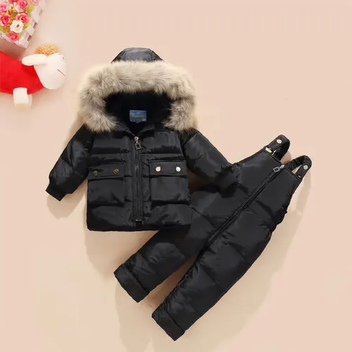 Пуховое пальто с натуральным мехом, куртка с капюшоном+ комбинезон для маленьких девочек и мальчиков, детская одежда, пальто Зимний комплект из 2 предметов зимняя одежда для маленьких девочек - Цвет: 8821 black