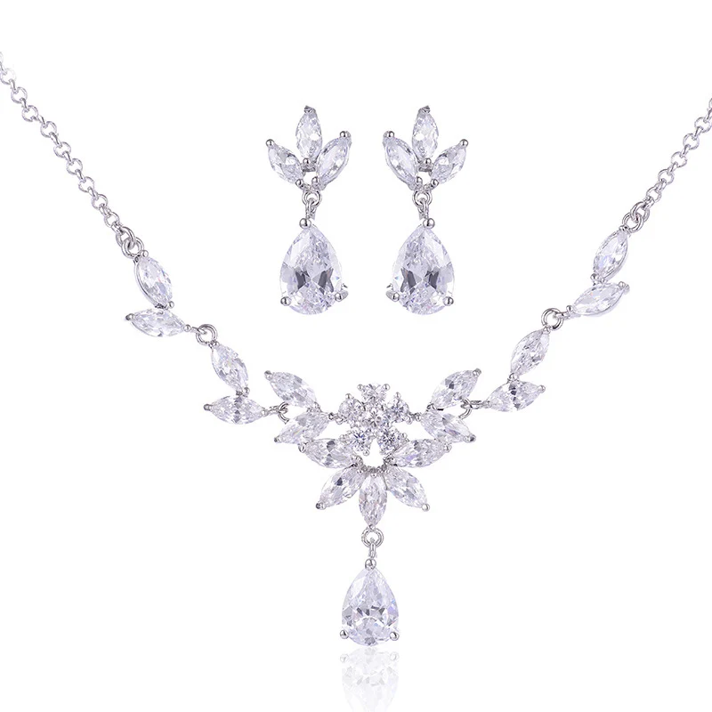 

2017 Hot Cubic Zirconia Bridal Jewelry Sets Vivid Leaf-Shape Necklace Sets Silver Color Wedding Jewelry for Women