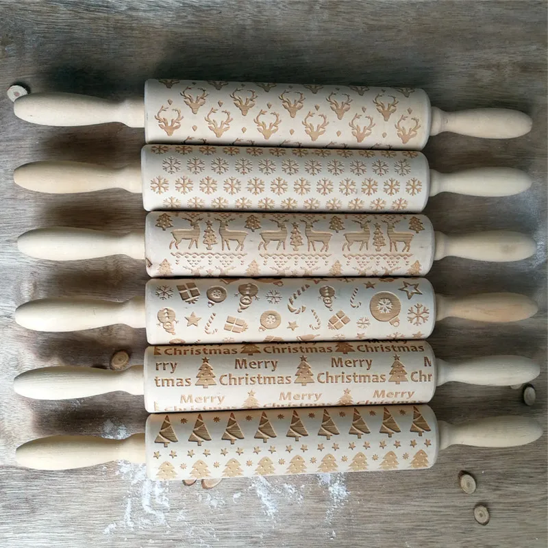

1 PC Snowflake Elk Reindeer Embossing Rolling Pin Wood 1.3mm Deep Pattern 35cm Long Baking Pastry Biscuits Cookie Dough Roller