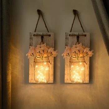 

Mason Jar Sconce with LED Fairy String Lights Handcrafted Hanging Wall Lamp Decor Wall Light for Living Room Resturant 2-Pack