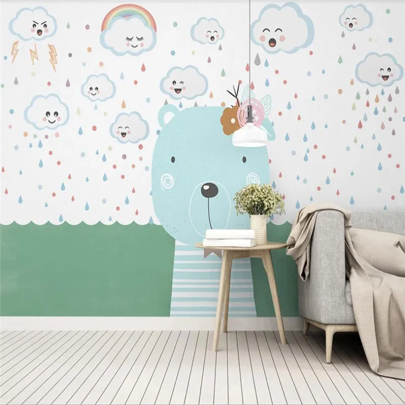Custom wallpaper Nordic minimalist hand-painted cartoon animal bear cloud children's room background wall waterproof material Custom wallpaper Nordic minimalist hand-painted cartoon animal bear cloud children's room background wall waterproof material