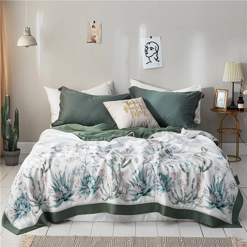 

Green Plants Home Textile Summer Quilt Blankets Soft Comforter Bedding Quilts tencel Quilted Gray Air Conditioner Summer Quilts