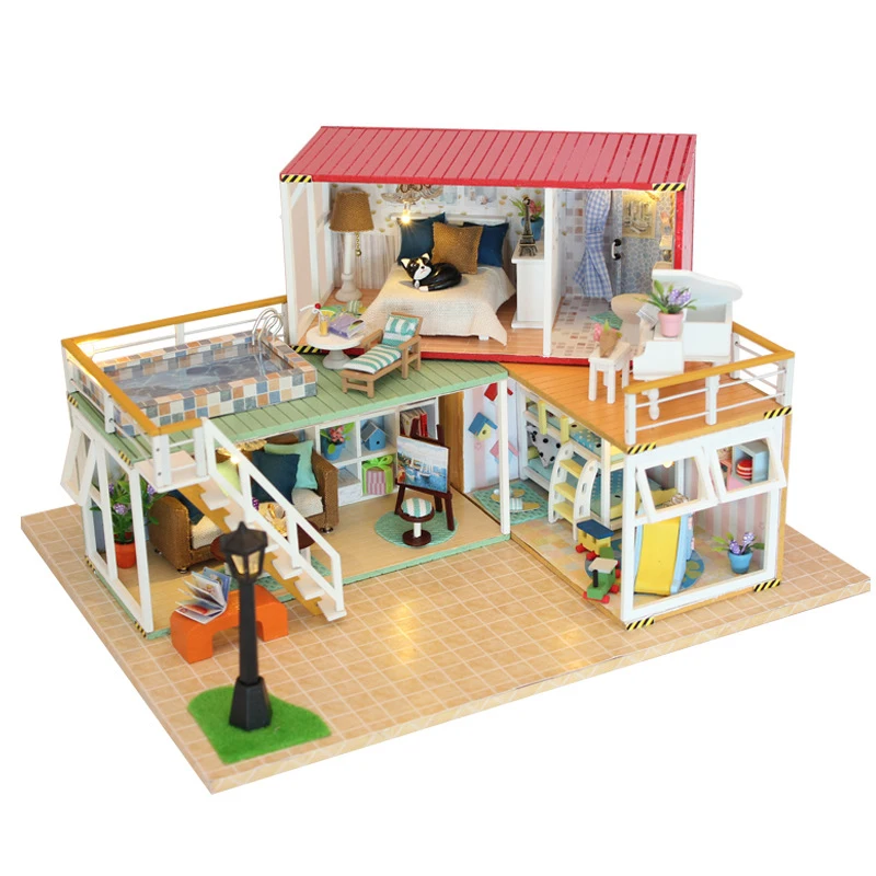

DIY DollHouse Container Home Miniature With Furnitures LED Light Building Model Wooden Doll House Toys Gift YOUR NAME 13841A #E