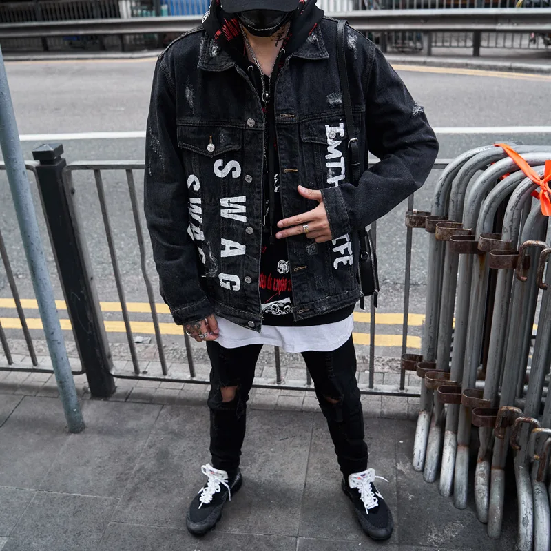 Hip Hop Denim Jackets Men Harajuku Letter Print Jeans Jacket Coat Mens Hole Destroyed Jeans Jackets Streetwear Black WG352