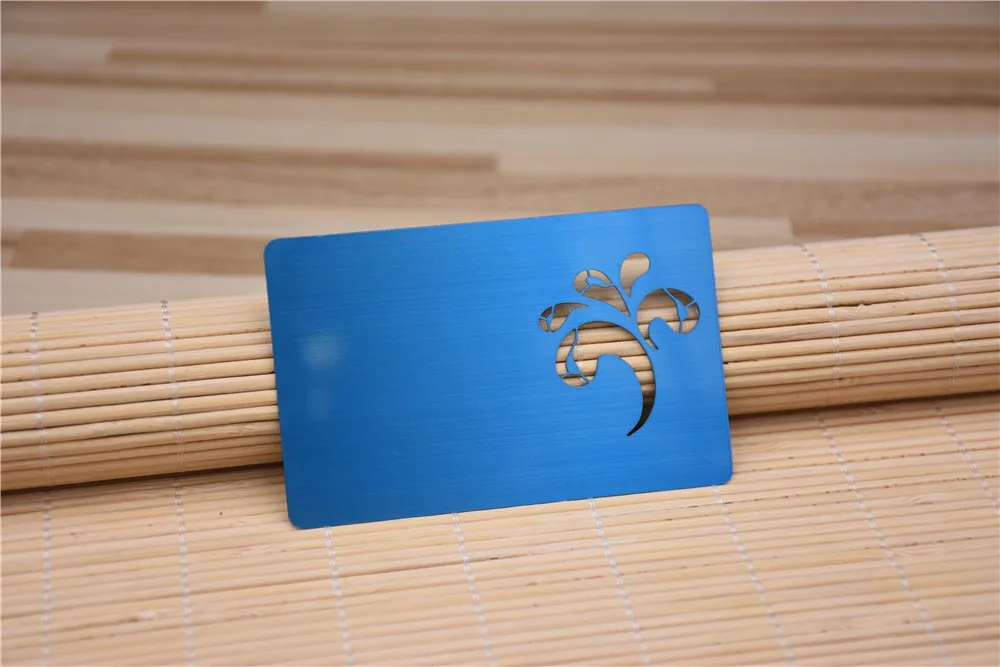 Custom Blue brushed metal card cutout LOGO etched print white texts business metal card 100pcs/lot free design free shipment