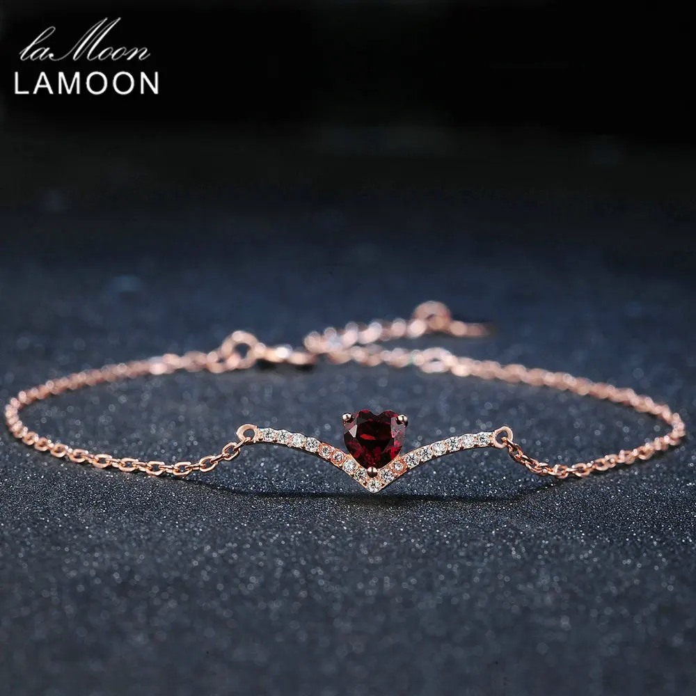Lamoon Love Heart Charm Bracelet For Women 100% Natural Red Gemstone 0.3ct Garnet 925 Sterling Silver Fine Jewelry 18KGP LMHI011