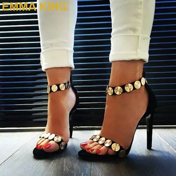 

Black Leather Gold Circle Women Sandals Summer High Heels Shoes Open Toe Ankle Strap Sexy Lady Shoes Casual Party Sandals Heels