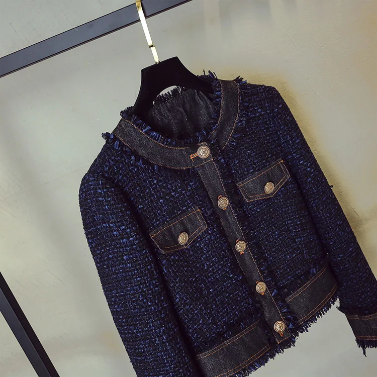Ручная работа Роскошная Мода твидовое пальто с круглым вырезом однобортный деним строчка твидовый короткий пиджак темно-синий