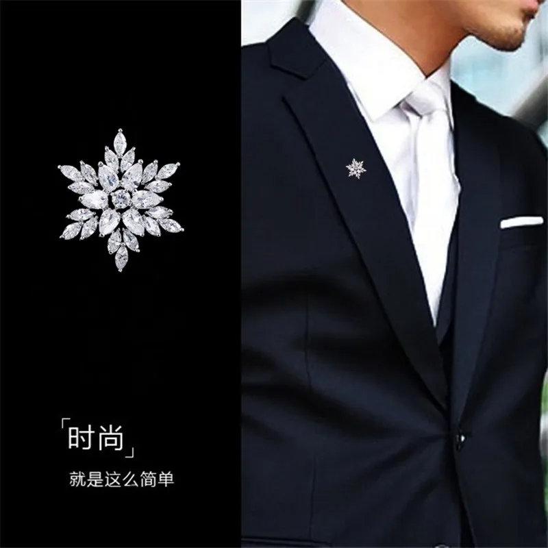 

High grade Sparkling Zircon Brooch Snowflake Man Pins Brooches Party Brooch Jewelry Men Suit Brooch Pin Gifts