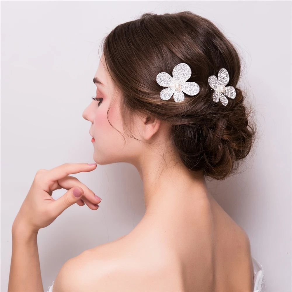 One Pair Crystal Hair Clips Flower Headpiece for Wedding Girls Bridal