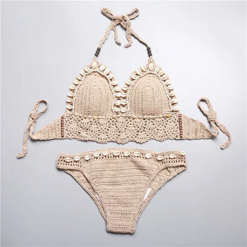 

2018 Swimwear Women bikini Women Shell Handmade Knitted Bikini Set Swimwear Bra Swimsuit free shipping