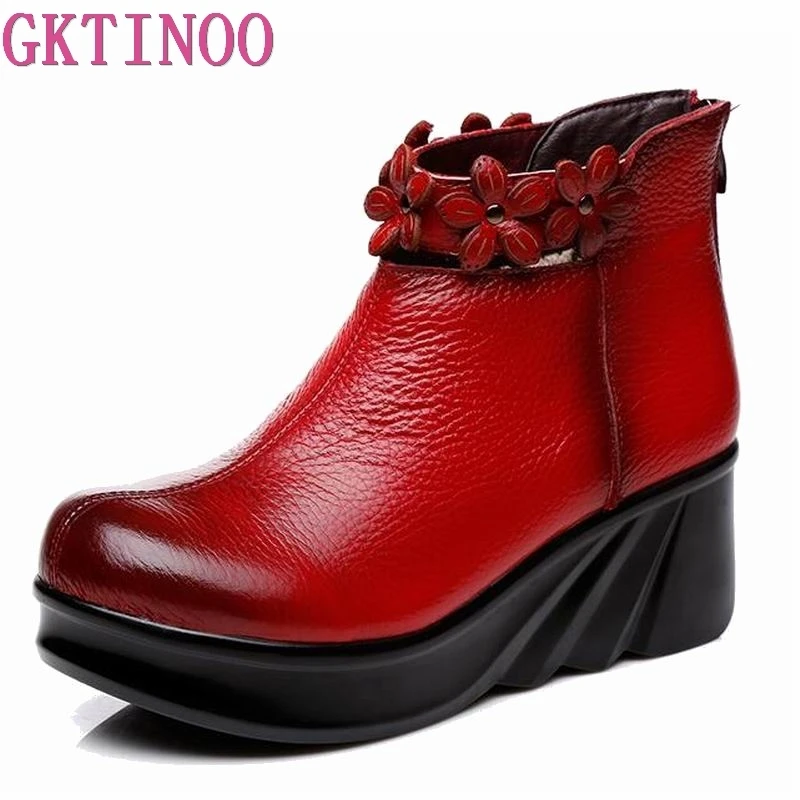 

GKTINOO Boots Women Comfortable Autumn Genuine Leather Ankle Boots for Women Soft Wedges Platform Shoes Ladies