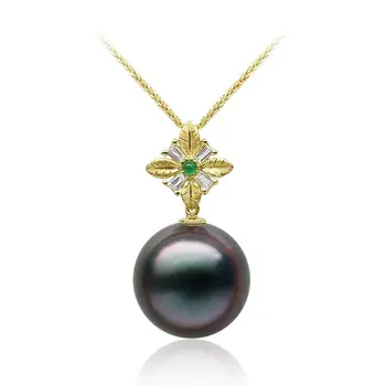 

Free Shipping 18k Y-Gold AAA Black Purple Tahitian Sea Cultured Pearl Diamond Emerald Pendant