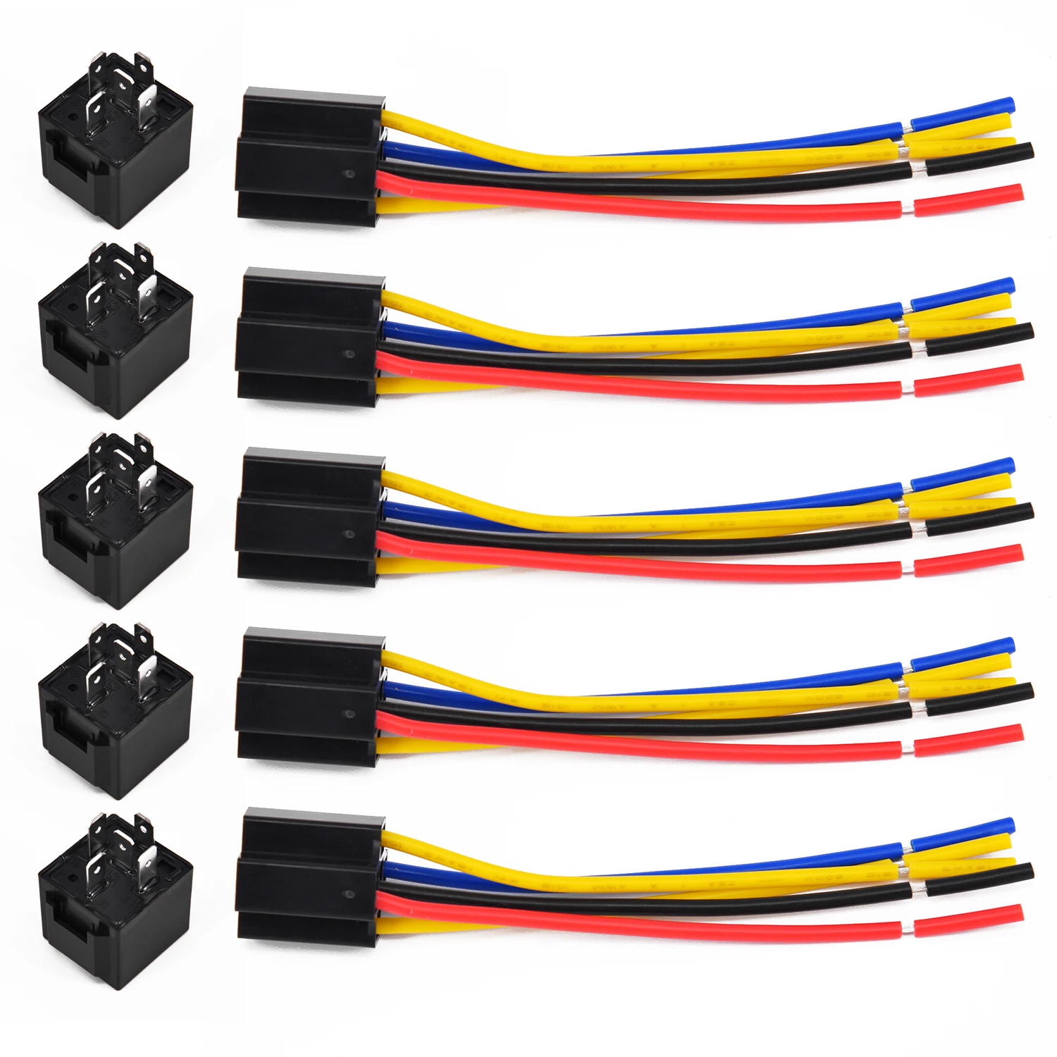 5 x Mini Relay SPST 4Pins 12V DC 40A Contact Car Vehicle /& 5X Socket 4Pin Wire