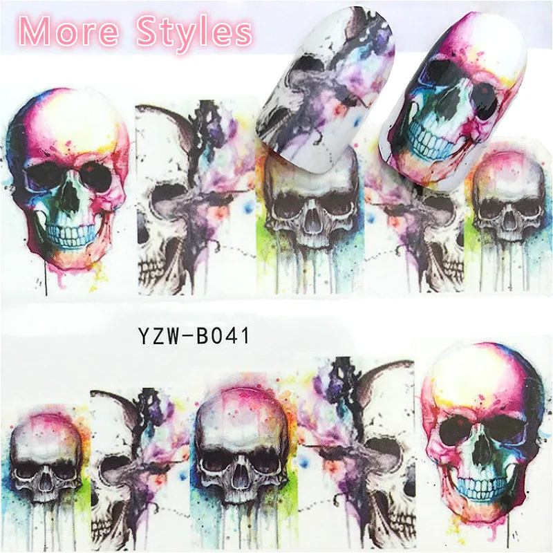 

2Sheets 3d Skull Nail Stickers Japan Cat Punk Nail Art Water Decals Watercolor Flower Sticker for Halloween Nailart Supplies New