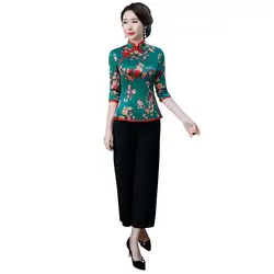 Шанхай история Китайская традиционная одежда комплект Цветочный китайский Cheongsam топ + брюки Qipao Костюм