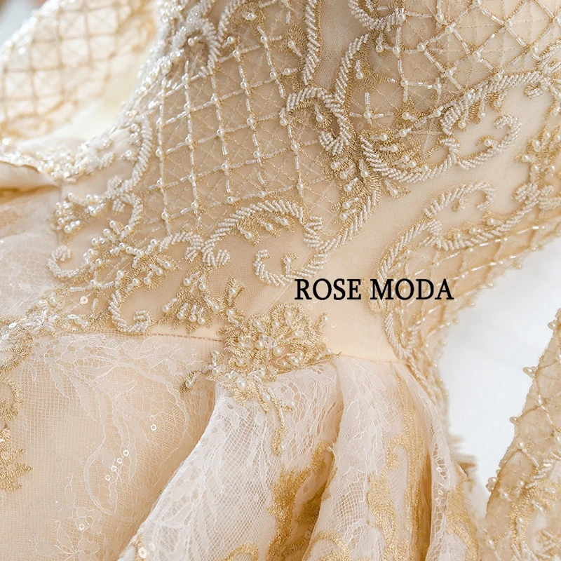 Rose Moda роскошное Золотое свадебное платье с длинными рукавами кружевное свадебное платье es с бусинами и длинным шлейфом реальные фотографии